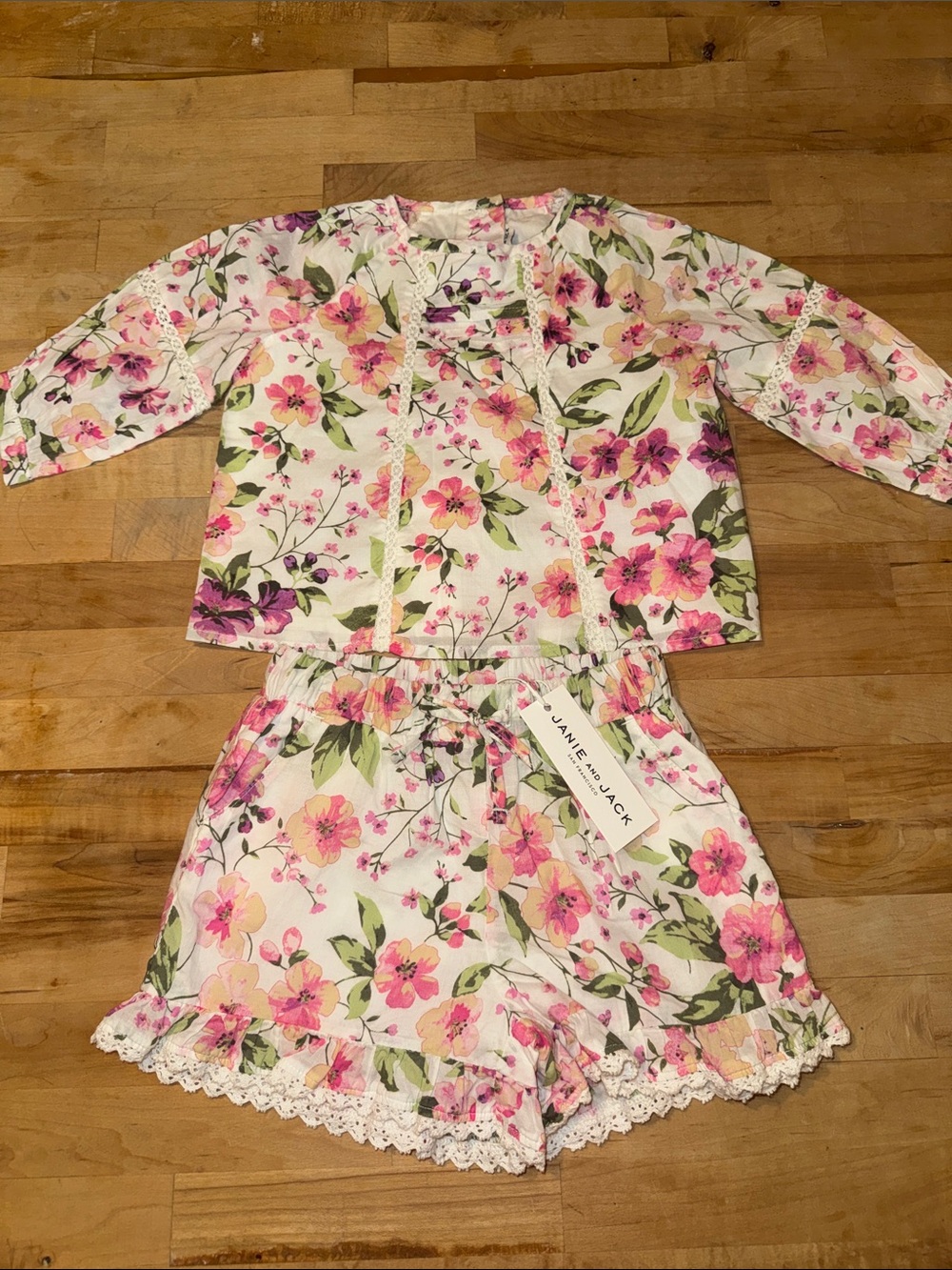 Janie and Jack White Floral Matching Set with Pink & Green Accents